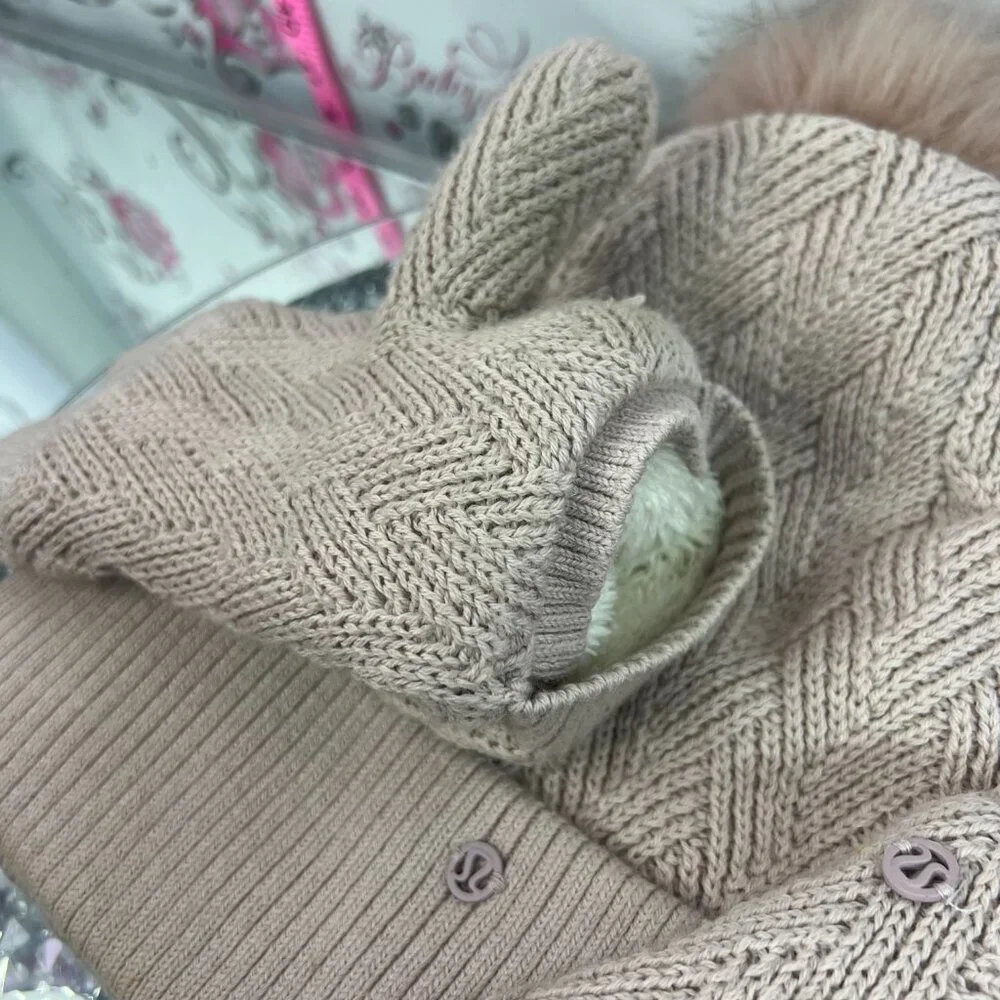 Lululemon 3 piece beanie & glove set tan beige cozy chunky-knit pink mittens fur